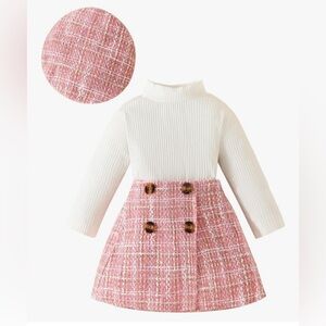 Pink and White Ribbed long sleeve, plaid skirt and matching hat